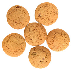 Appetizing chip cookies with raisins and candied fruit top view isolated