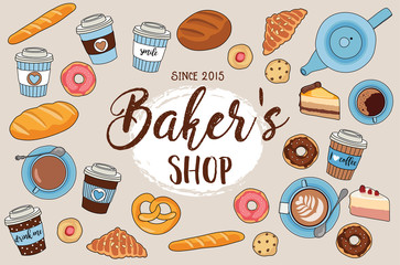 Bakers shop - vector illustration with lettering and different breads, croissants, cookies, cakes, coffee cups. Design template