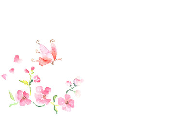 Frame from pink flowers and butterfly watercolor illustration with space for text, Valentines Day
