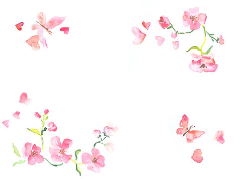 Horizontal Frame From Pink Flowers And Butterfly Watercolor Illustration With Space For Text, Valentines Day