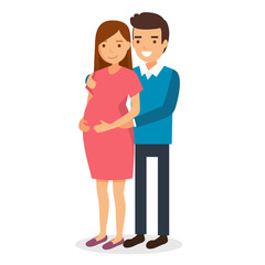 Happy couple, family expecting a baby - vector illustration in flat style. Pregnant woman