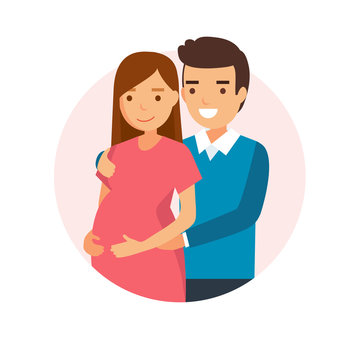 Happy expecting couple - vector illustration of a couple expecting a baby, in a circle