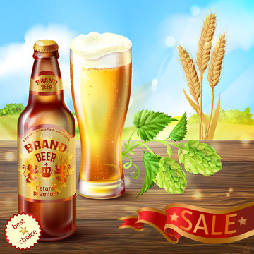 Vector realistic colorful background, promotion banner with brown bottle of craft beer and full glass of frothy alcoholic drink on wooden table with hops and barley. Mockup for your brand design