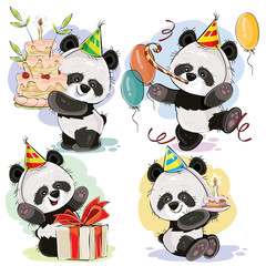 Set cute baby panda bears in cardboard hat, with birthday cake and candle, with gift box, balloons and whistle vector cartoon illustration. Happy birthday clipart for greeting cards, party invitations © vectorpocket