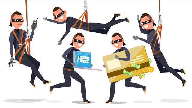 Thief, Hacker Man Set Vector. Stealing Credit Card Information, Personal Data, Money. Fishing Attack. Isolated Flat Cartoon Character Illustration