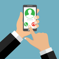 Sign in page on smartphone screen. Hand hold phone, finger touch sign in button. Male avatar.