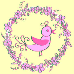 Hello spring greeting card. Hand drawn illustration with wood background effect. Flower wreath and lettering.