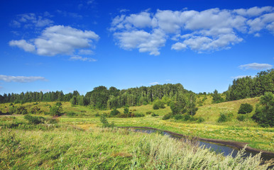 Sunny landscape with river and trees growing on the hills.Nice summer day.Deep blue sky with beautiful white clouds. 