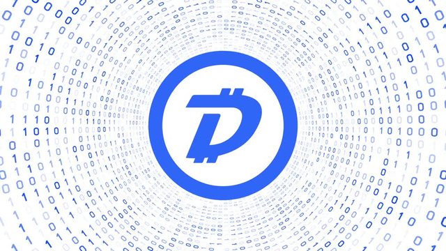 Blue crypto currency logo "DigiByte" form blue binary tunnel on white background. Seamless loop. More logos and color options available in my portfolio.