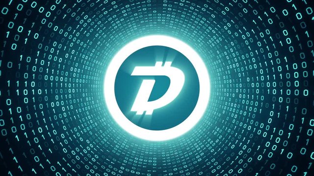 White crypto currency logo "DigiByte" form cyan binary tunnel on cyan background. Seamless loop. More logos and color options available in my portfolio.