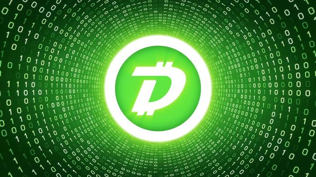 White crypto currency logo "DigiByte" form white binary tunnel on green background. Seamless loop. More logos and color options available in my portfolio.