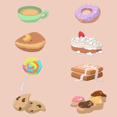 Collection of sweet food and drink: Cappuccino, donut, croissant, meringue cake, lollipop, french toast, biscuits and cream puffs