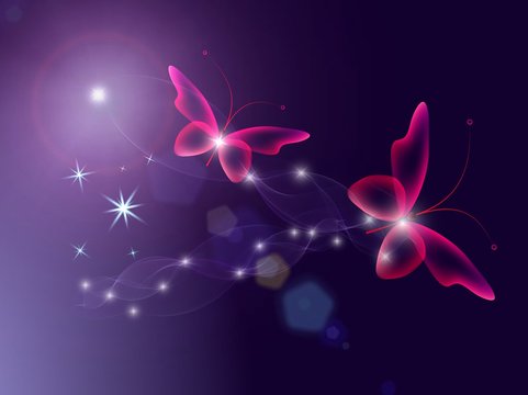 Glowing background with magic  butterflies and sparkling stars.Transparent butterfly and glowing stars. Glowing image on dark background.