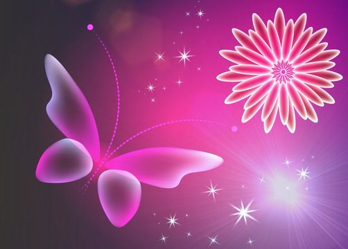 Glowing purple background with magic butterflies and light flowers.Transparent butterflies and glowing blooms.