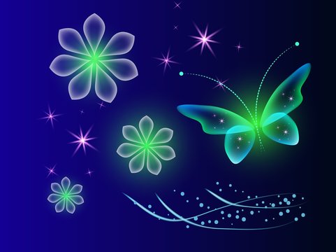 Glowing background with magic butterflies and light flowers.Transparent butterflies and glowing blooms. Blue background with shiny flower and  with butterfly.