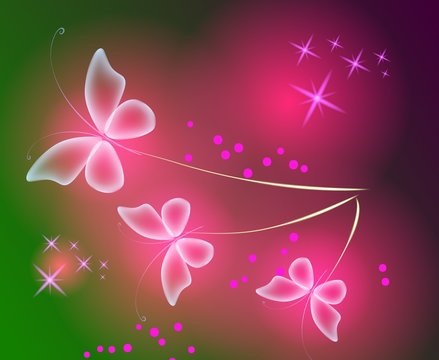 Glowing background with magic  butterflies and sparkling stars.Transparent butterfly and glowing stars. Glowing image on dark green background.
