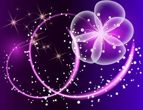 Glowing background with magic butterflies and light flowers.Transparent butterflies and glowing blooms.