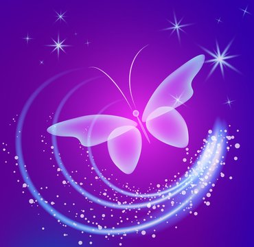 Glowing background with magic  butterflies and sparkling stars.Transparent butterfly and glowing stars. Glowing image on dark  purple background.