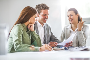Business people analyzing document in office