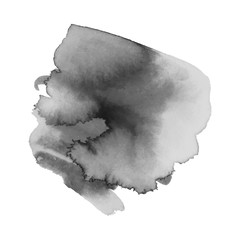 Gray watercolor spot with droplets, smudges, stains, splashes. Grayscale blot in grunge style.
