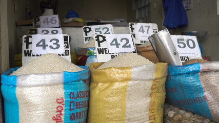 Rice for sale at the asian market. Various bags of rice in a local outdoor market with price....