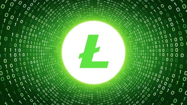White crypto currency logo "LITECOIN" form white binary tunnel on green background. Seamless loop. More logos and color options available in my portfolio.