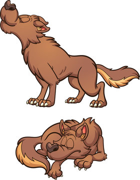 Cartoon brown wolf howling and sleeping. Vector clip art illustration with simple gradients. Some elements on separate layers. 