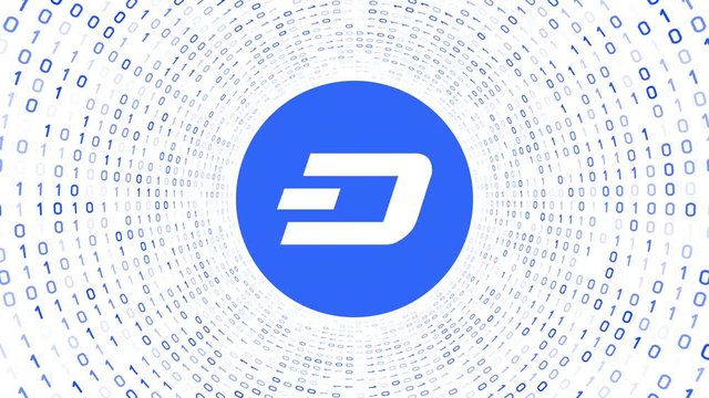 Blue crypto currency logo "DigiByte" form blue binary tunnel on white background. Seamless loop. More logos and color options available in my portfolio.