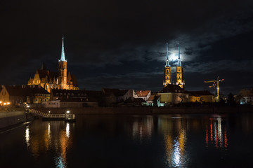 Cathedral Island of Wroclaw in moonlight