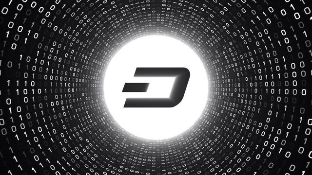 White crypto currency logo "DigiByte" form white binary tunnel on black background. Seamless loop. More logos and color options available in my portfolio.