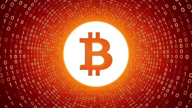 White crypto currency logo "BITCOIN" form yellow binary tunnel on orange background. Seamless loop. More logos and color options available in my portfolio.
