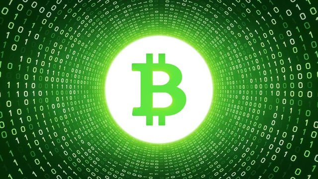 White crypto currency logo "BITCOIN" form white binary tunnel on green background. Seamless loop. More logos and color options available in my portfolio.