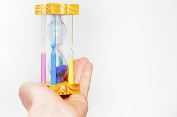 The concept of time saving. Human hand holds the hourglass on a white background