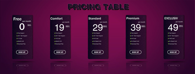 Four tariffs banners. Banner from paper.  Vector design for web app. Price list.