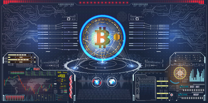  trader tools for successful trading. HUD elements pack. Infographic elements. Bitcoin digital currency, futuristic digital money, technology worldwide network concept, vector illustration