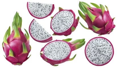 Crédence de cuisine en verre imprimé Fruits Ensemble de morceaux de fruit du dragon ou de pitaya isolé sur blanc