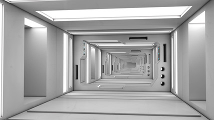 3D render. Futuristic corridor interior architecture