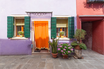 Fototapeta na wymiar charming and well-kept yard full of flowers with a colorful facade, decorative wraps and doors
