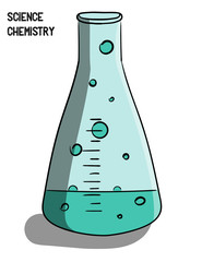 Science chemistry. A flask with a short neck, a wide bottom and a blue liquid with bubbles stands on a white background eps 10 illustration
