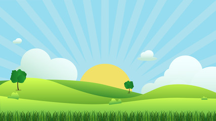 Meadow landscape with grass foreground, vector illustration.Green field and sky blue and sun shine with white cloud background.Beautiful nature scene.