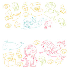 Fototapeta premium Sea and ocean adventure Kindergarten, preschool, school children. Kids aquapark. Underwater. Mermaid, octopus, fishes, whale, shells, jelly fish. Lost treasures. Scuba. Pirate ship. Diving, snorkeling