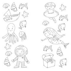 Sea and ocean adventure Kindergarten, preschool, school children. Kids aquapark. Underwater. Mermaid, octopus, fishes, whale, shells, jelly fish. Lost treasures. Scuba. Pirate ship. Diving, snorkeling