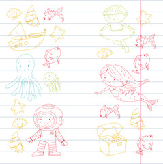 Sea and ocean adventure Kindergarten, preschool, school children. Kids aquapark. Underwater. Mermaid, octopus, fishes, whale, shells, jelly fish. Lost treasures. Scuba. Pirate ship. Diving, snorkeling