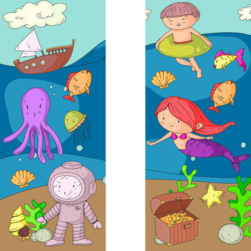 Sea and ocean adventure Kindergarten, preschool, school children. Kids aquapark. Underwater. Mermaid, octopus, fishes, whale, shells, jelly fish. Lost treasures. Scuba. Pirate ship. Diving, snorkeling