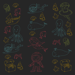 Sea and ocean adventure Kindergarten, preschool, school children. Kids aquapark. Underwater. Mermaid, octopus, fishes, whale, shells, jelly fish. Lost treasures. Scuba. Pirate ship. Diving, snorkeling