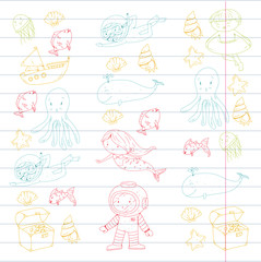 Sea and ocean adventure Kindergarten, preschool, school children. Kids aquapark. Underwater. Mermaid, octopus, fishes, whale, shells, jelly fish. Lost treasures. Scuba. Pirate ship. Diving, snorkeling