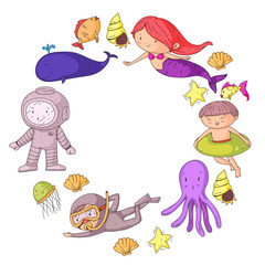 Sea and ocean adventure Kindergarten, preschool, school children. Kids aquapark. Underwater. Mermaid, octopus, fishes, whale, shells, jelly fish. Lost treasures. Scuba. Pirate ship. Diving, snorkeling