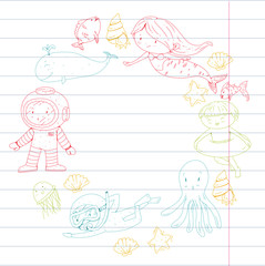 Sea and ocean adventure Kindergarten, preschool, school children. Kids aquapark. Underwater. Mermaid, octopus, fishes, whale, shells, jelly fish. Lost treasures. Scuba. Pirate ship. Diving, snorkeling