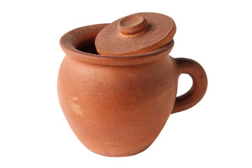 Terracotta clay pot with opened cap on white bacground, isolated