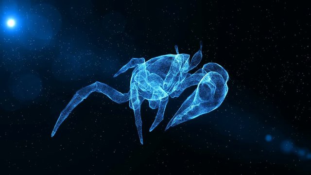 Glowing Crab, abstract sea animal walking through particles, fantasy 3D animation